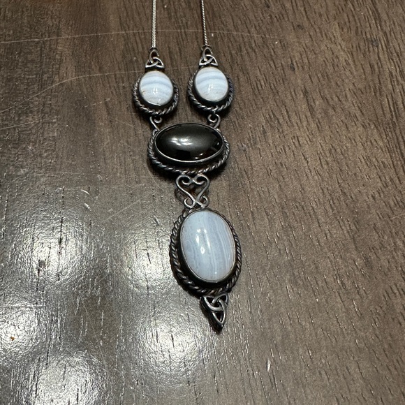 Custom Made Blue Lace Agate and Black Onyx necklace - Picture 1 of 4